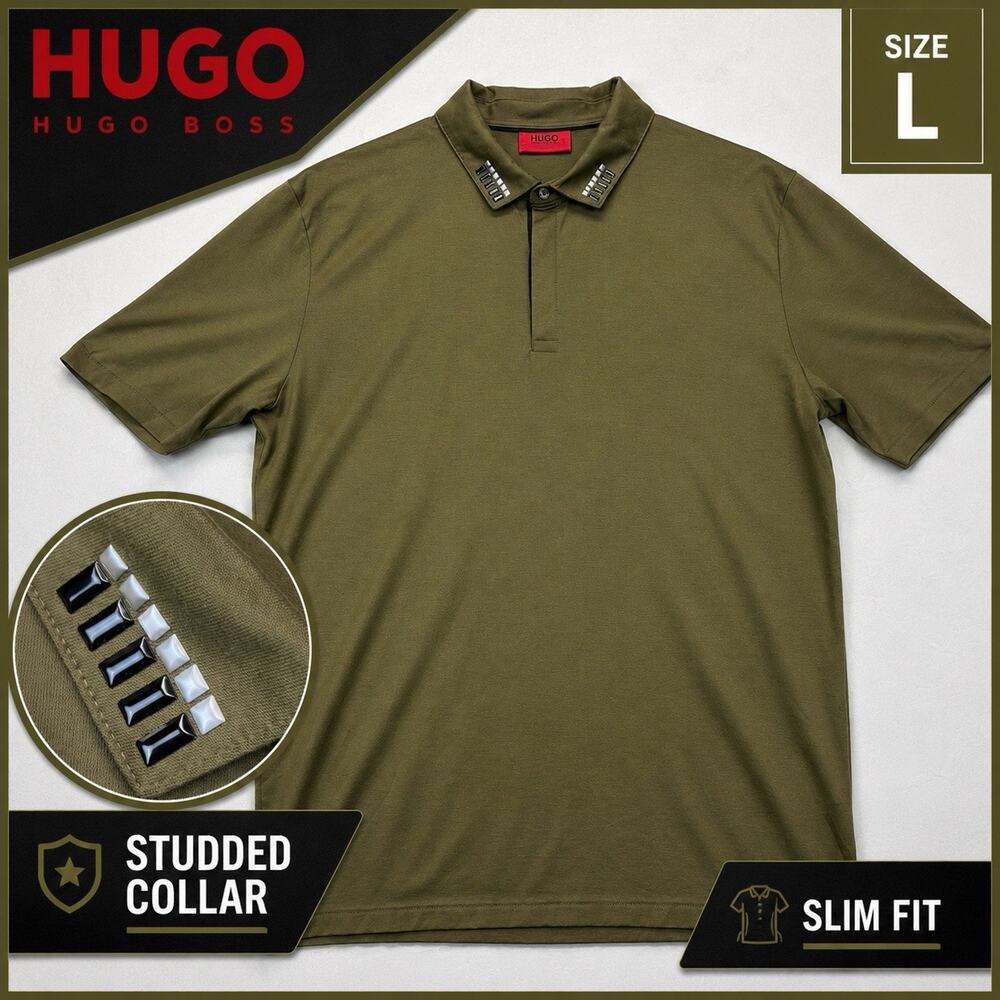 HUGO Boss Polo Shirt Men’s Olive Green Studded Collar Slim Fit Cotton Large